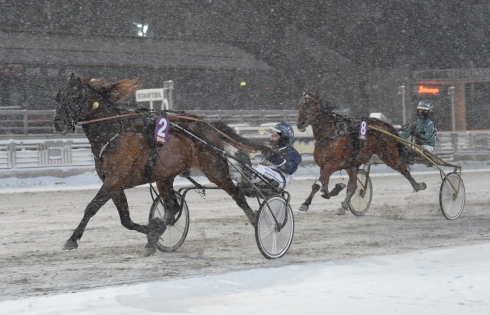 Kalas och Isac Lindberg bjöd på en överraskning i snöyran på Solvalla. Foto av Lars Jakobsson/TR Bild